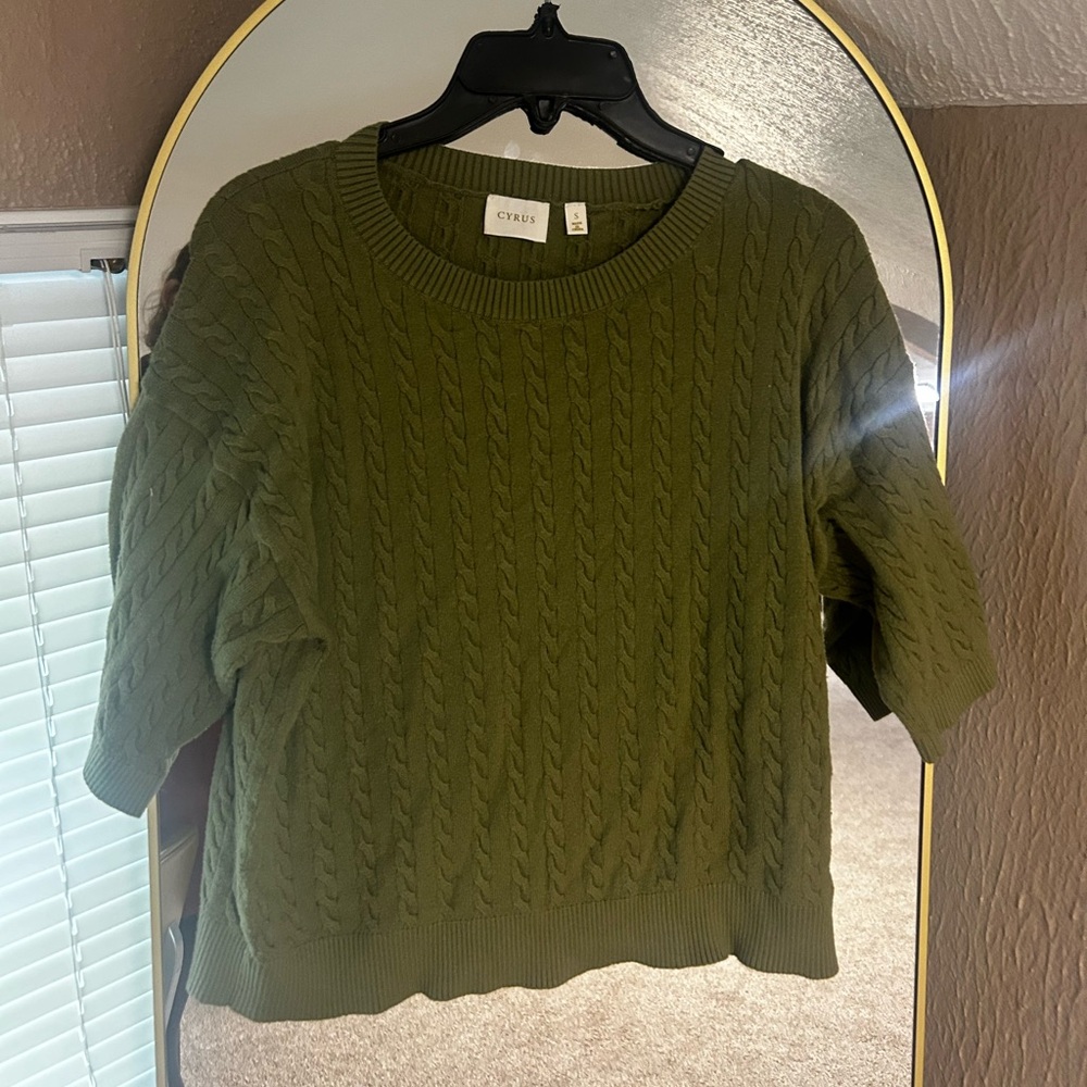 Cyrus Olive Green Cable Knit Crewneck Sweater semi cropped